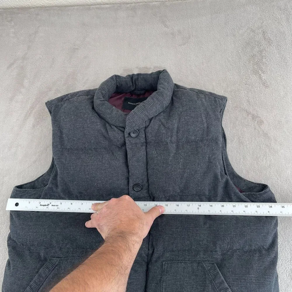 Banana Republic Puffer Vest Men XL Grey Plaid‎ Flannel Satin Lined Full Zip
